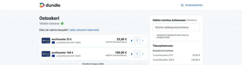 100 euron ecoVoucher ja 25 euron ecoVoucher ja niiden ostaminen Dundle-sivustolta.