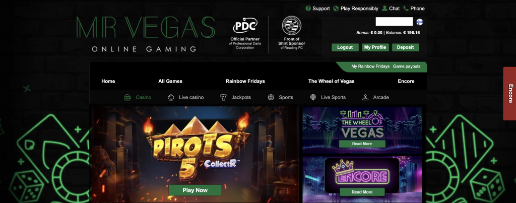 Mr. Vegas -niminen Payz kasino ja sen etusivu, jossa esittelyssä Pirots 5 -kolikkopeli.