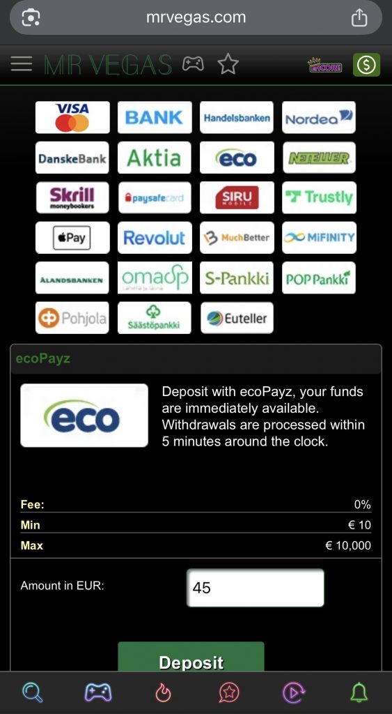 Payz-kasinon maksutavat, kuten Siru Mobile ja Apple Pay, listattuna. Valittuna ecoPayz ja 45 euron talletus.