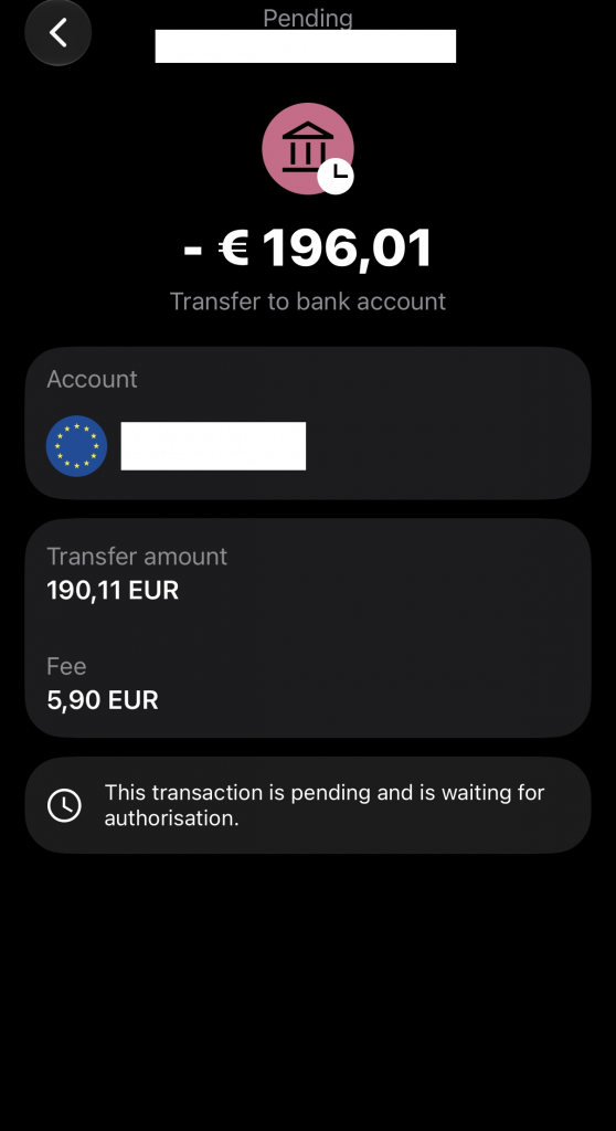 196,01 euron nostaminen ulos Payz-kotiutus lompakosta omalle pankkitilille. Mukana 5,90 euron käsittelykulu.