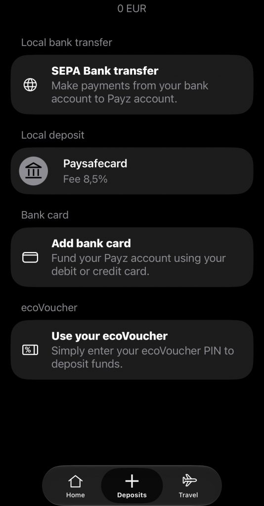 Payz-sovellus ja sen maksutavat, SEPA-siirto, Paysafecard, pankkikortti ja ecoVoucher, esiteltynä.