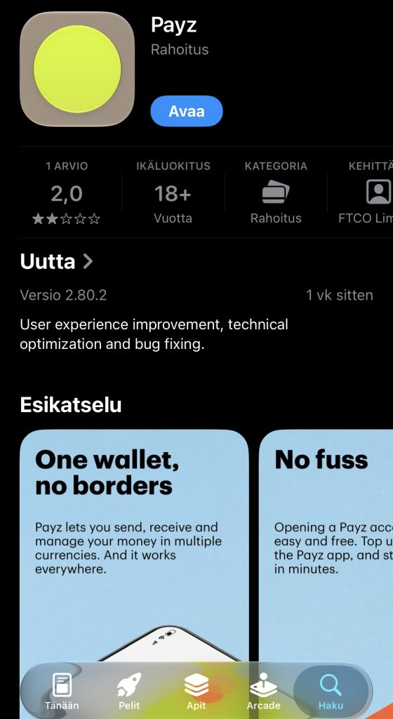 Payz-sovellus ladattavissa Applen omassa sovelluskaupassa, App Storessa.