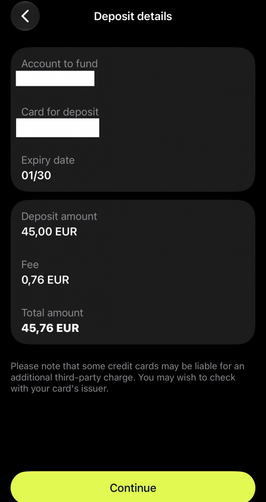 45 euron Payz-talletus omaan lompakkoon pankkikortilla 76 sentin kulujen kera.